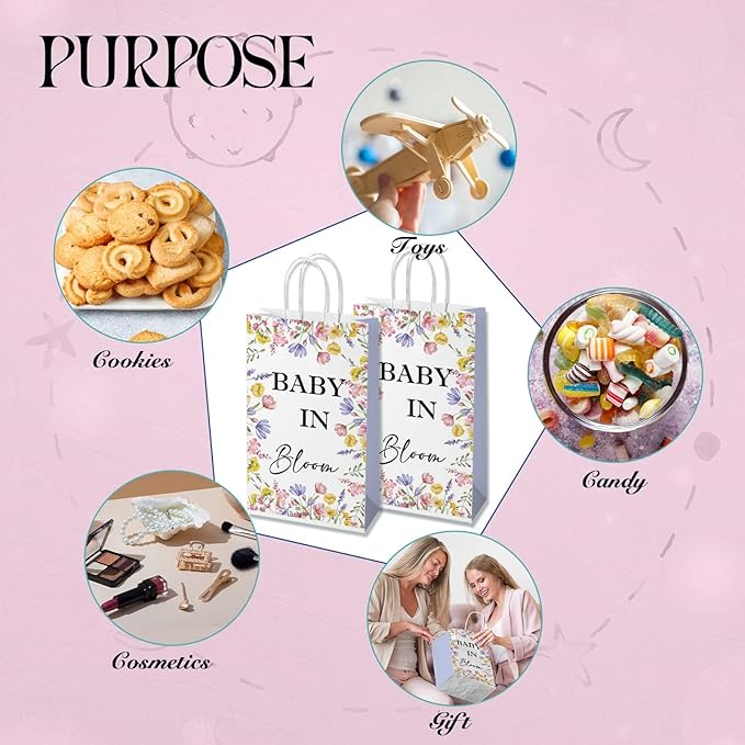 wjrsxilt 16Pcs Bloom Wildflower Gift Bag for Girls,Baby In Bloom Decorations，Gender Reveal Gift Bag，Boho Sweet Baby 1st Birthday Party Supplies, Floral Paper Gifts Bag with Handle 8.6 * 5 * 3.7inch