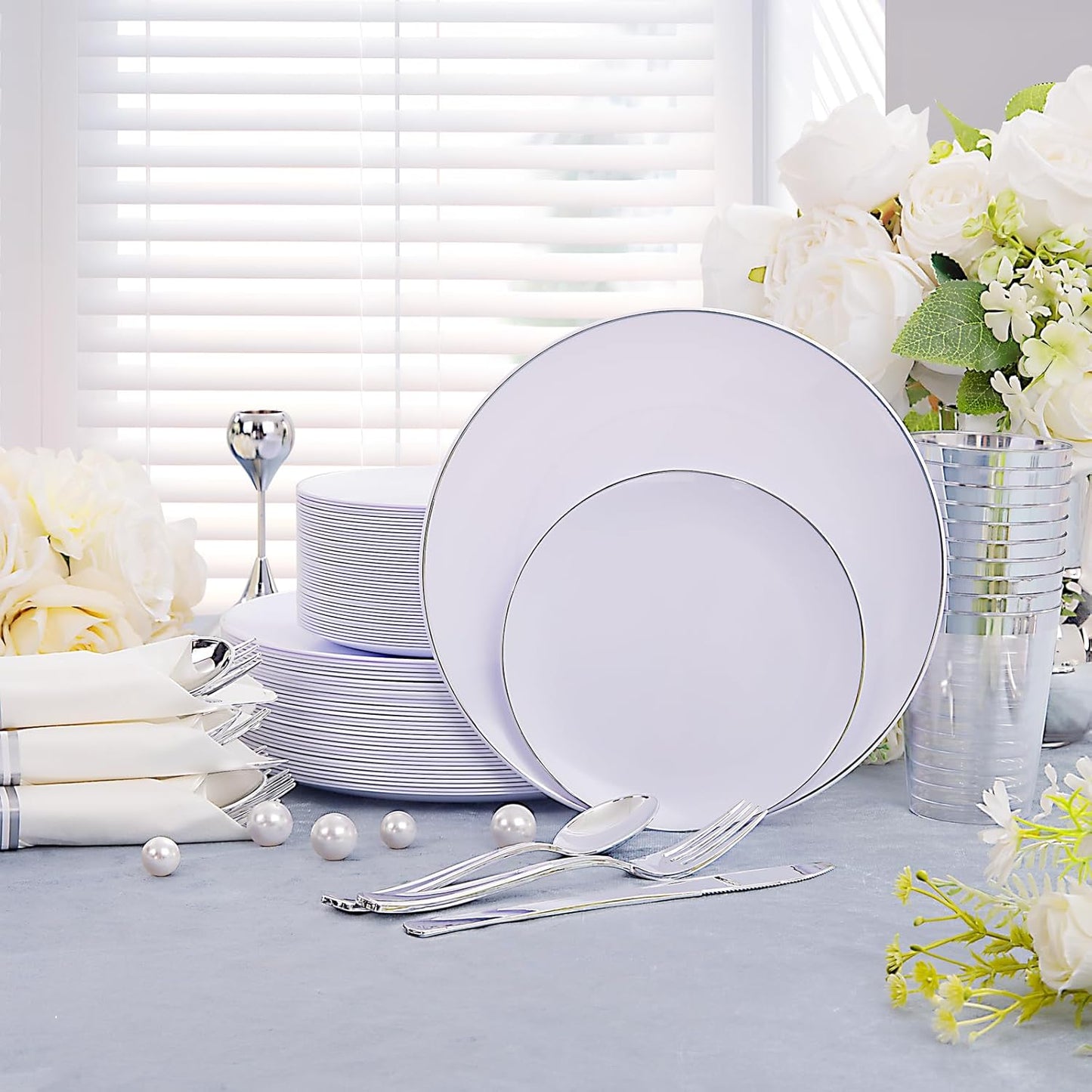 KIRE 350 PCS Plastic Dinnerware Set for 50 Guests, Silver Plastic Plates Include 50 Dinner, 50 Dessert Plates, 50 Pre Rolled Napkins with Silverware, 50 Cups for Wedding, Party, Banqet, Christmas