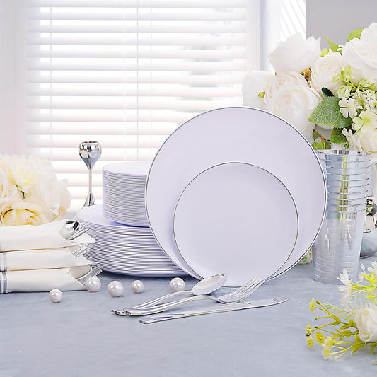 KIRE 350 PCS Plastic Dinnerware Set for 50 Guests, Silver Plastic Plates Include 50 Dinner, 50 Dessert Plates, 50 Pre Rolled Napkins with Silverware, 50 Cups for Wedding, Party, Banqet, Christmas