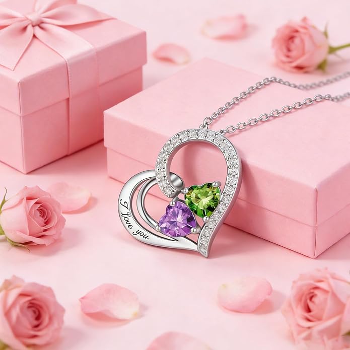 Double Birthstone Heart Necklace 0.8CT Dual-Gemstone S925 Sterling Silver Plated White Gold Engraved I Love You Perfect Anniversary/Valentine's Day Gift for Wife/Girlfriend/Mom/Daughter