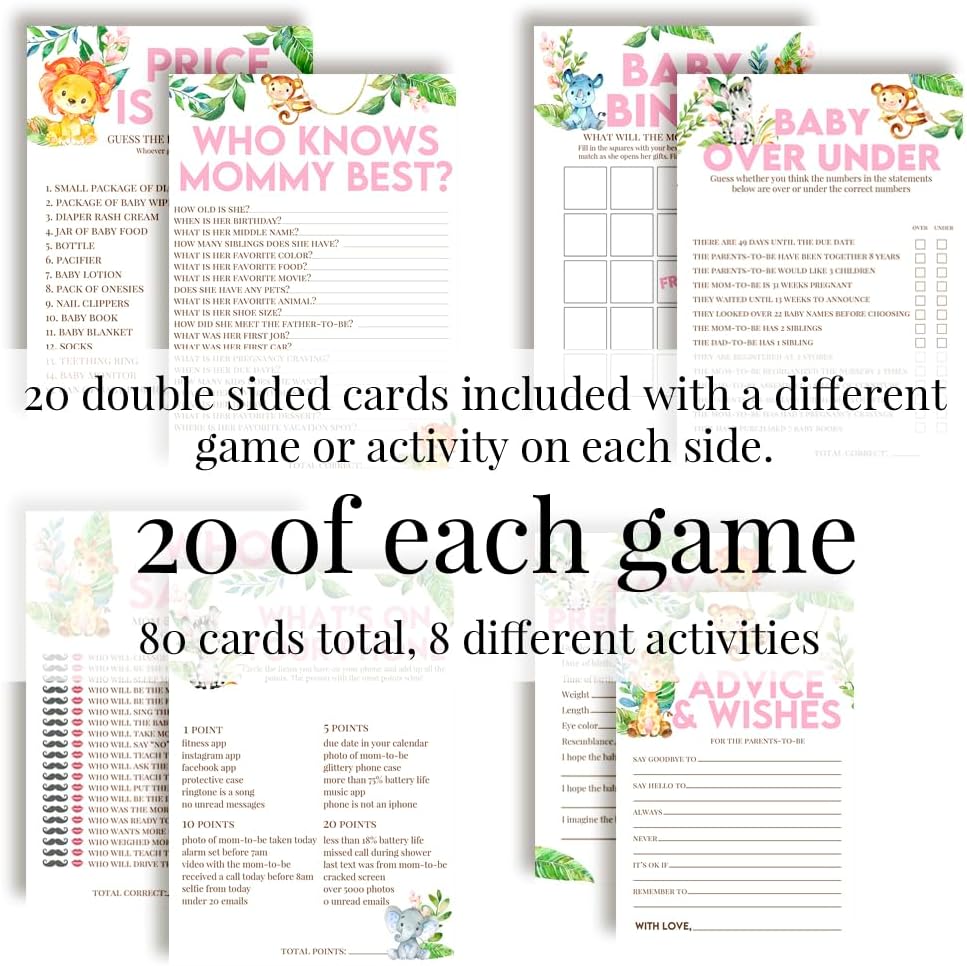 Amanda Creation Baby Shower Games 8 Game Set Watercolor Jungle Animals Girl 80 Double-Sided Cards for 20 Guests. Baby Shower Bingo, Baby Predictions & Activities for Guests. Theme for Girl