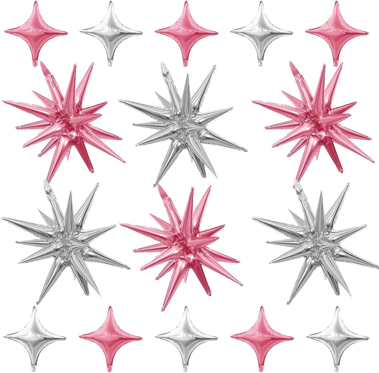 Pink Silver Star Balloon,6Pcs 22Inch Explosion Star Balloons and 10Pcs 10Inch Four Angle Balloons Kit for Birthday Anniversary Baby Shower Wedding Party Decorations