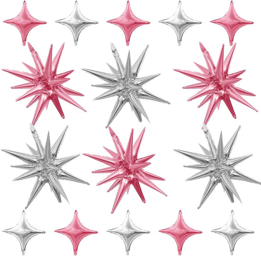 Pink Silver Star Balloon,6Pcs 22Inch Explosion Star Balloons and 10Pcs 10Inch Four Angle Balloons Kit for Birthday Anniversary Baby Shower Wedding Party Decorations