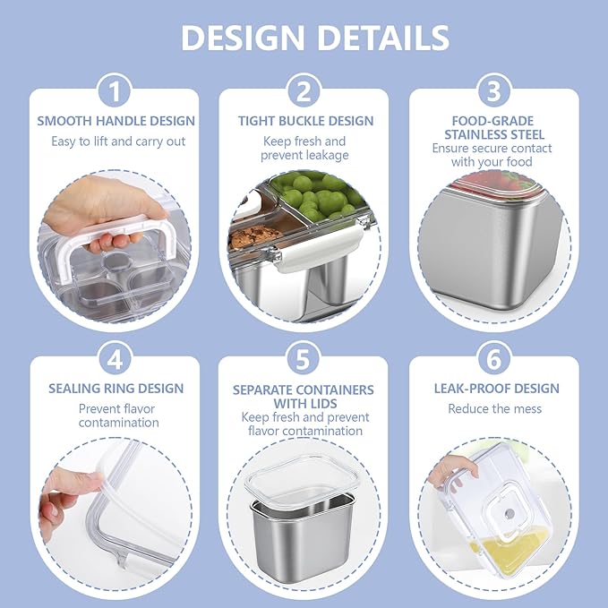 Snackle Box Container with 8 Removable Stainless Steel Containers – Clear Divided Serving Snack Tray with Lid & Handle – Leak-Proof for Wet/Dry Food – Perfect for Parties, Travel, Office