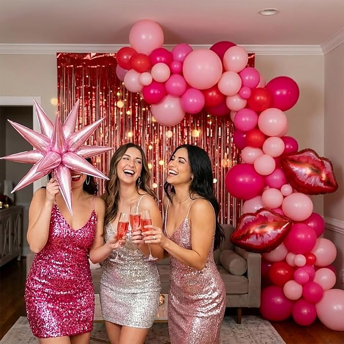 Pink Red Balloon Garland Arch Kit 108 Pcs with Foil Star Lip Balloons for Girl woman birthday Mother's Day Valentine galentines Bridal Shower Engagement Wedding theme party decorations