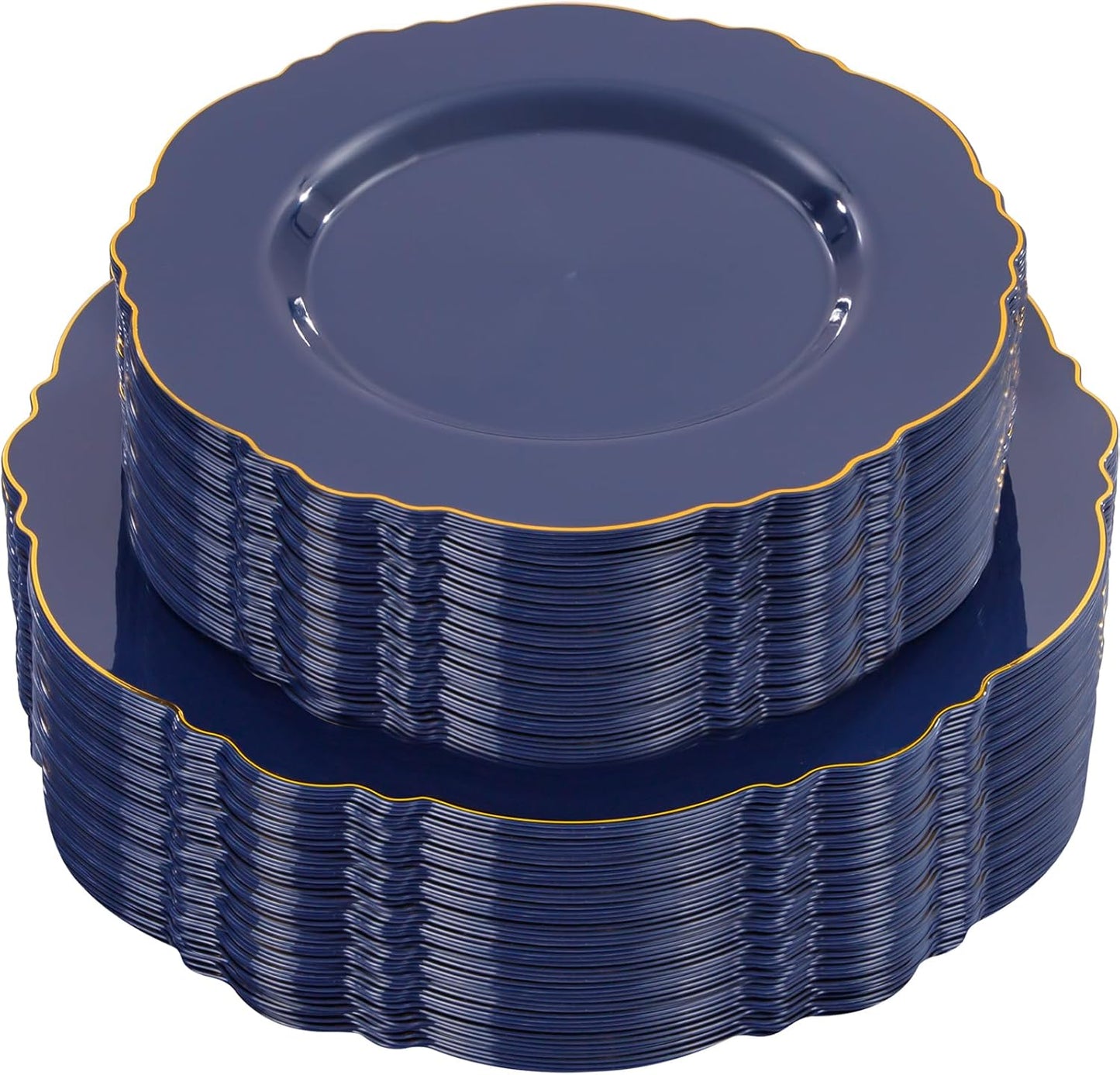 WDF 100pcs Blue Plastic Plates - Baroque Blue&Gold Disposable Plates for Parties/Wedding-50Plastic Dinner Plates 10.25in, 50Salad Plates 7.5in