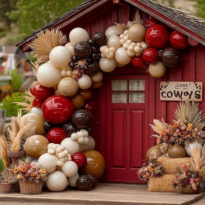 Red Balloon Garland Double Stuffed Dark Red Brown Burgundy Balloons Tan Nude White Sand Latex Balloon Arch Kit for Western Cowboy Farm Birthday Bridal Wedding Mother's Day Party Decorations