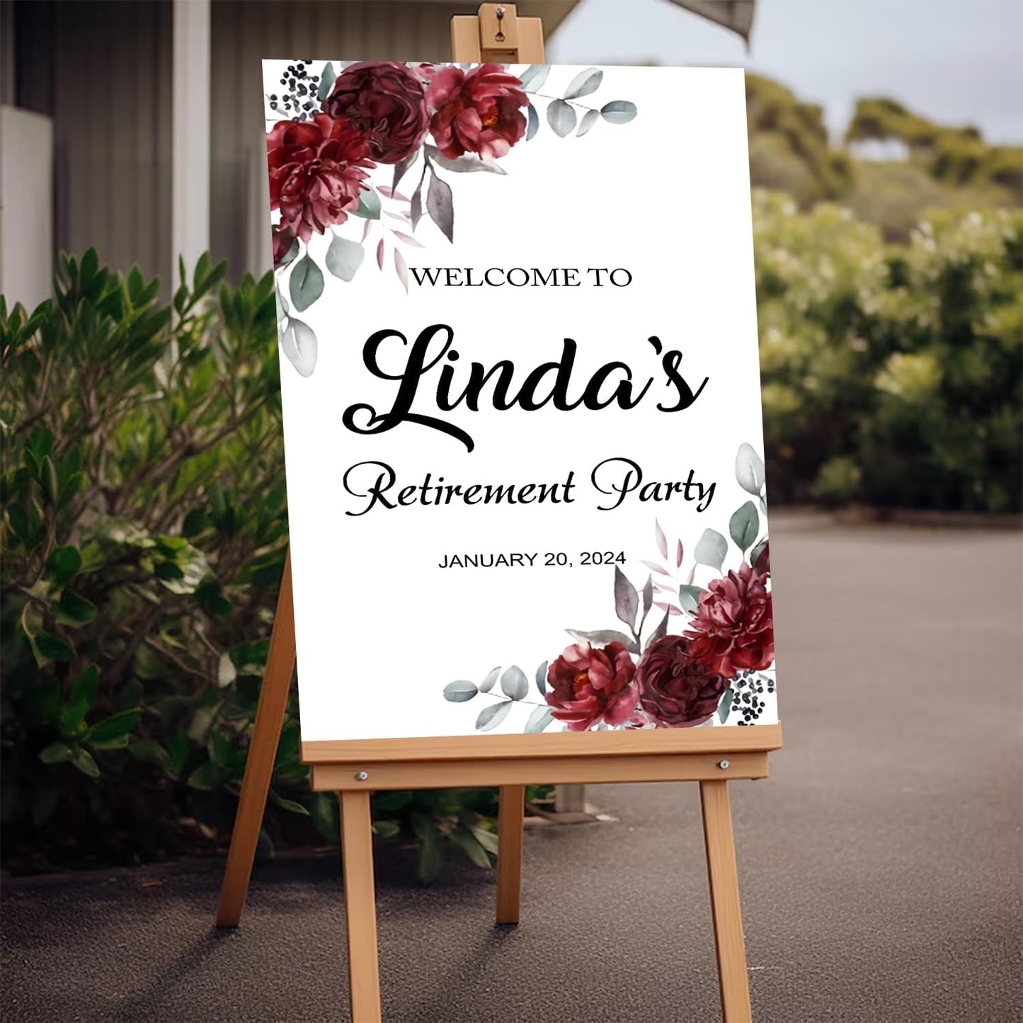 Floral Red Retirement Party Sign - Burgundy Decor, Celebration Welcome Board
