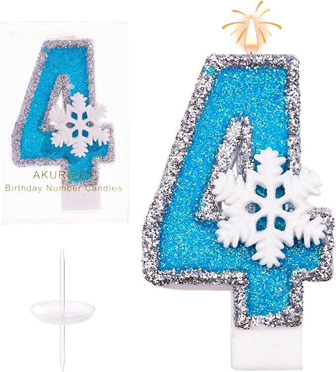 4th Blue Snowflake Birthday Candles Frozen Themed Number 4 Candles for Cake Topper Cupcake Decorations Party Decor Anniversary Celebrations Supplies
