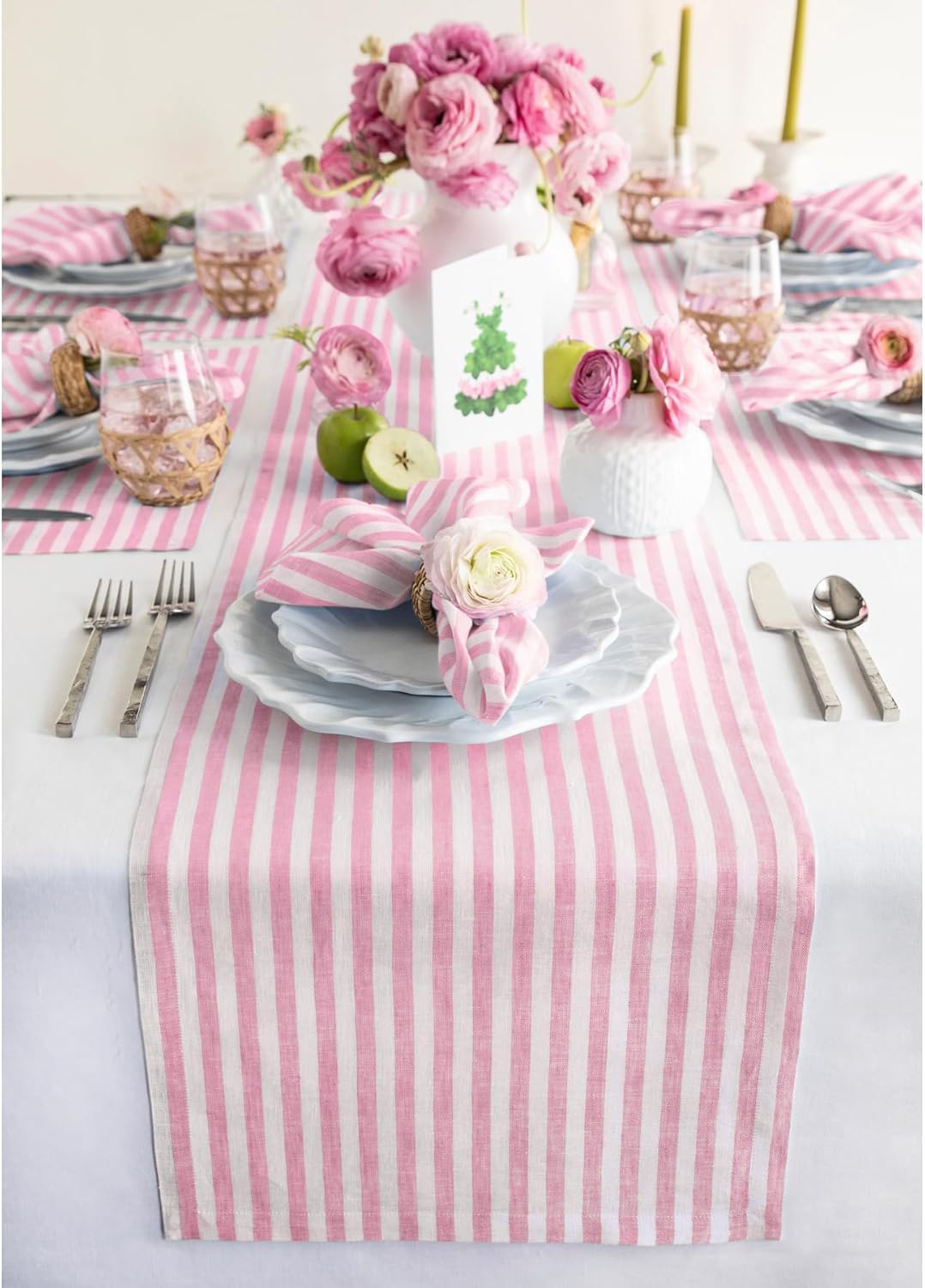 Solino Home Linen Table Runner 132 Inches Long - Amalfi Stripe, 100% Pure Linen Cherry Blossom and White Farmhouse Table Runner 14 x 132 Inch for Dining
