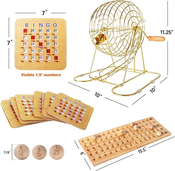 GSE Games & Sports Expert Deluxe Bingo Game Set with Large Brass Cage, 50 Shutter Slide Cards, Master Board, Calling Balls for Large Groups, Parties, Bingo Hall, Game Night