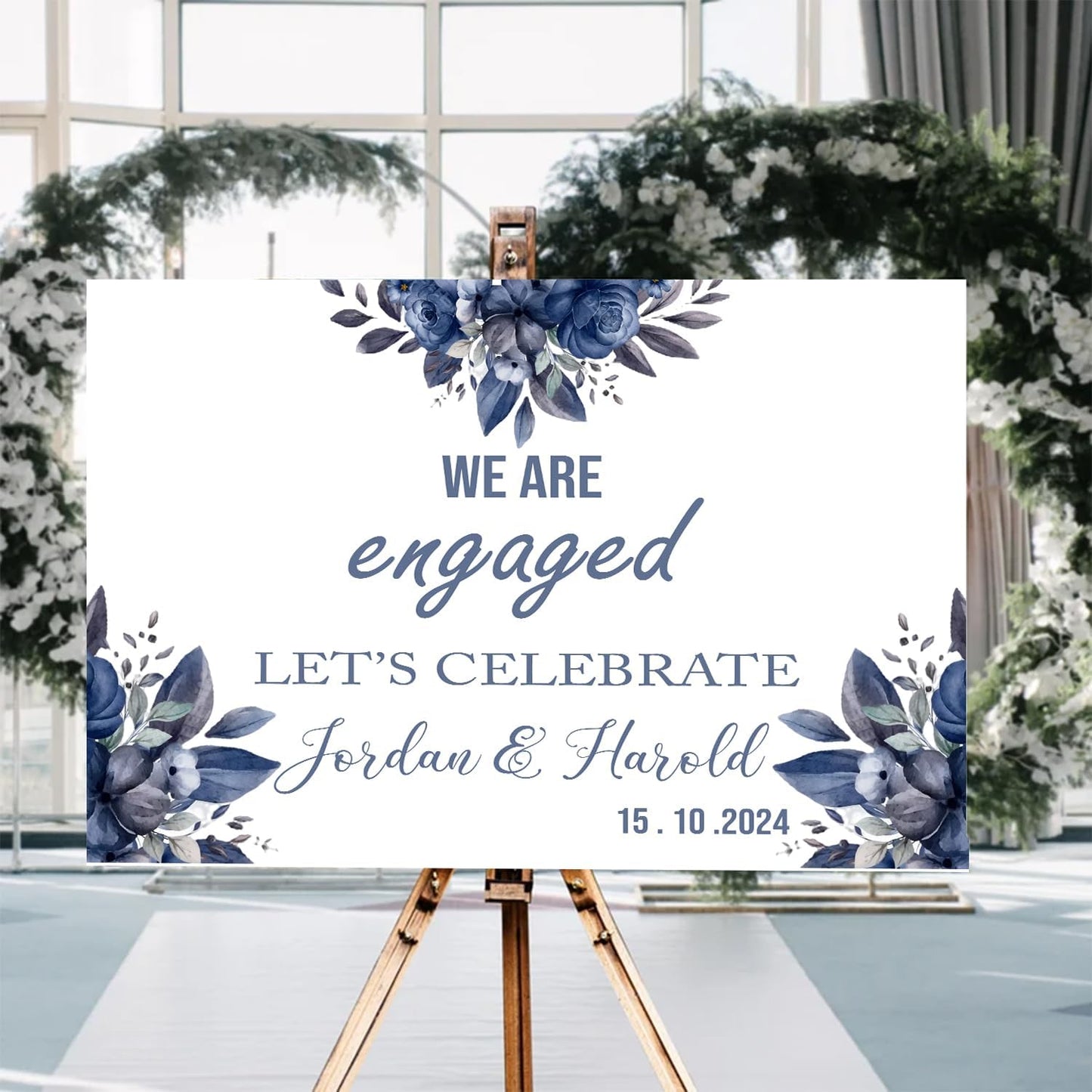 Blue Rose Flower Engagement Welcome Sign - We Are Engaged Minimalist Photo, Rustic Decor for Our Party