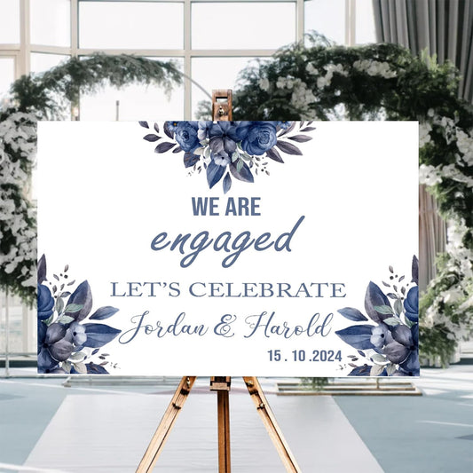 Blue Rose Flower Engagement Welcome Sign - We Are Engaged Minimalist Photo, Rustic Decor for Our Party