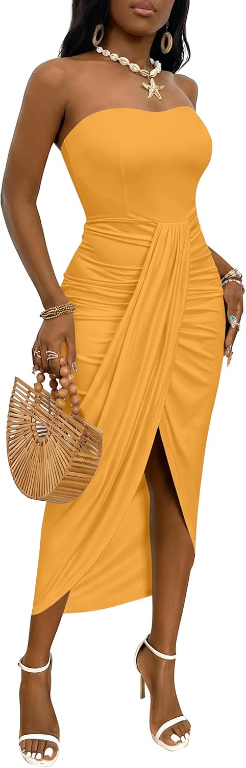 Umenlele Women's Strapless Ruched High Waist Wrap Split Asymmetrical Beach Maxi Long Dress