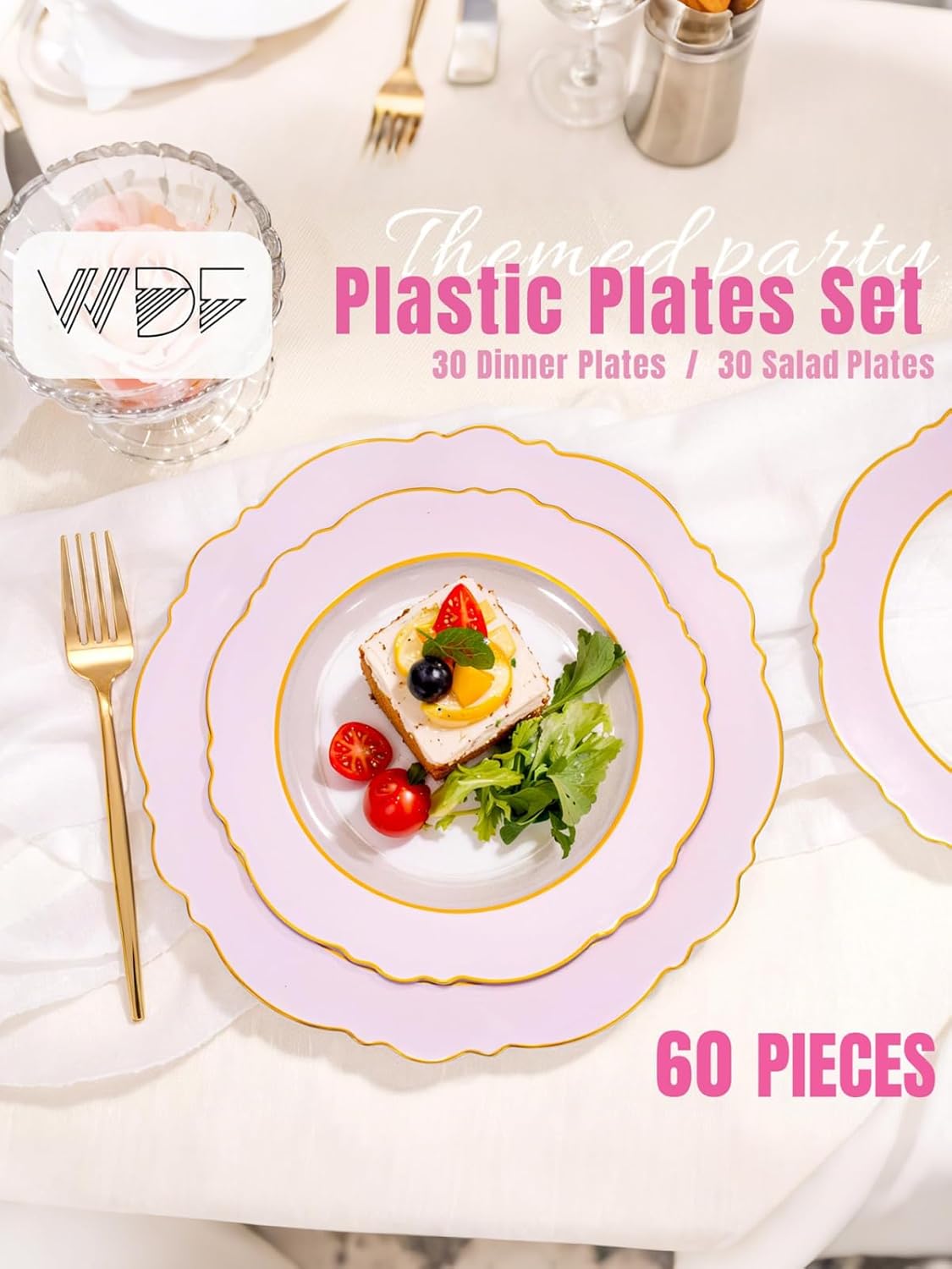 WDF 60Pcs Pink Plates Disposable with Gold Rim - Baroque Clear Pink and Gold Plastic Party Plates Ideal for Wedding/Baby Shower