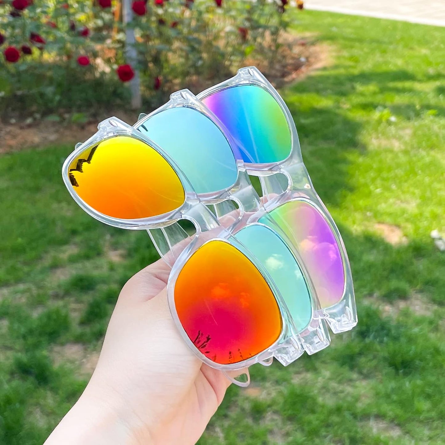 SUNOVELTIES 12/24 Pack Neon Party Sunglasses Mirrored/Jelly Lens Bulk Glasses Horn Rimmed Eyewear for Men Women