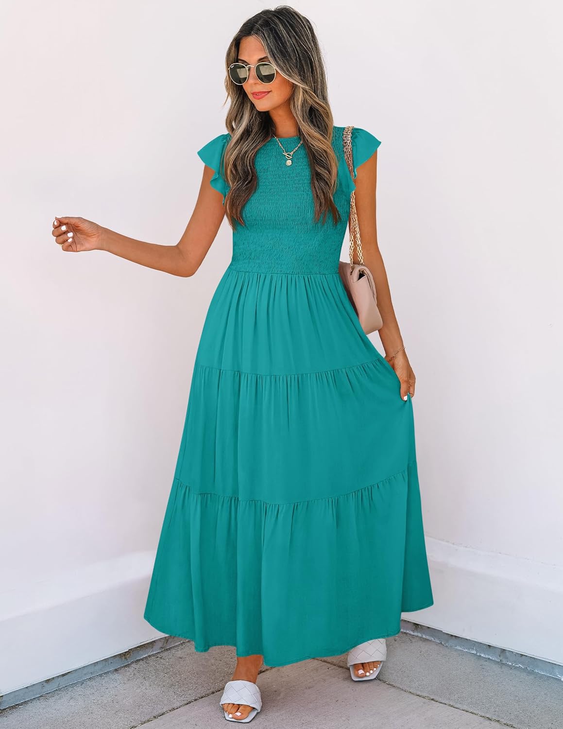 ZESICA Women's 2025 Summer Casual Flutter Short Sleeve Crew Neck Smocked Elastic Waist Tiered Midi Dress