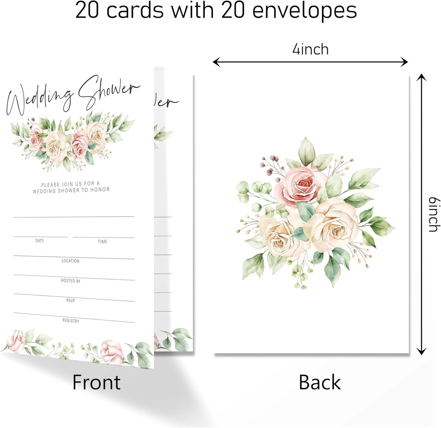 Floral Wedding Shower Invitation Cards with Envelopes Pack of 20 (4"x6") - Floral Wedding Shower Invitations.(172)