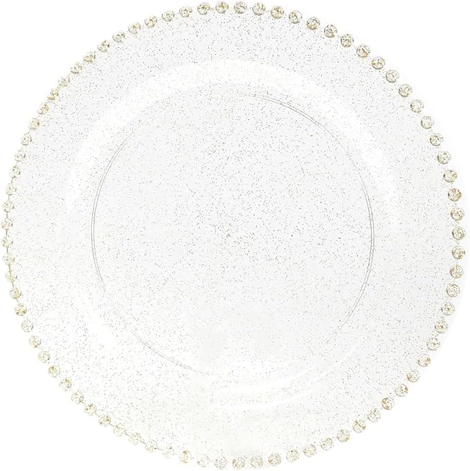 Efavormart 10-Pack Economy Plastic Charger Plates 13" Round Clear/Gold Glitter with Beaded Rim - Stylish Dinner Party Serving Plates