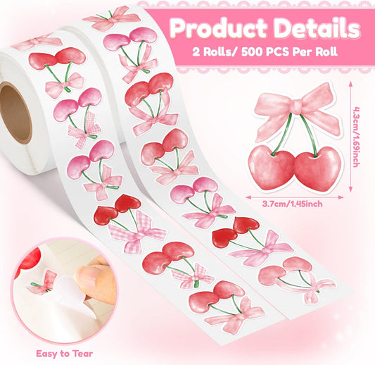 1000pcs Pink Bow Cherry Coquette Sticker Roll (2 Rolls), Watercolor Aesthetic Fruit Decorative Decals, Red & Pink Cherry with Bow Self-Adhesive Stickers for Water Bottle Scrapbook Decor