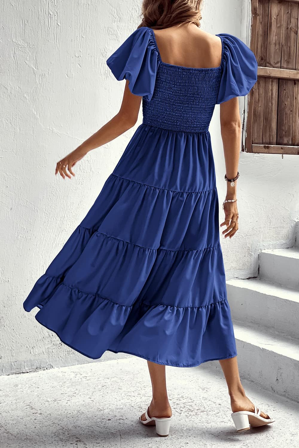 PRETTYGARDEN Women's Casual Summer Midi Dress Puffy Short Sleeve Square Neck Smocked Tiered Ruffle Dresses