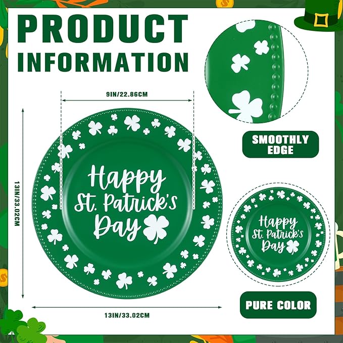 Yungyan 6 Pcs St Patricks Day Plastic Charger Plates 13 Inch St Patricks Day Round Resuable Charger Plates Large Shamrock Plate for Holiday Party Decorations Dinner Tableware Supplies