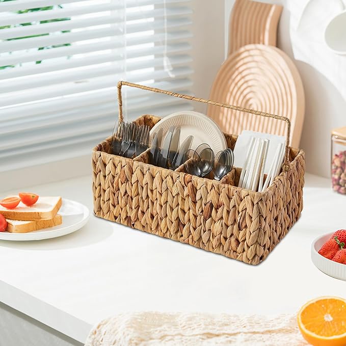 Silverware Organizer,Hand-Woven Wicker Kitchen Utensil Caddy with Handle,Cutlery Holder for Party Camping,Flatware Spoon Condiment Basket,Water Hyacinth Utensil Holder for Kitchen Counter