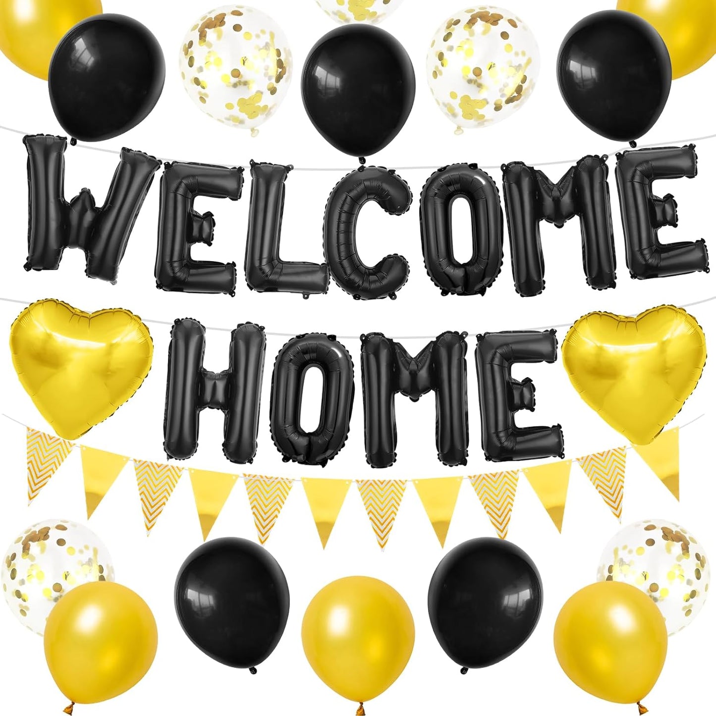 Welcome Home Decorations Black Gold,Welcome Home Foil Balloon Banner with Confetti Balloons,Gold Heart Balloons Pennant Flag Bunting for Housewarming Baby Shower Home Family Party Supplies