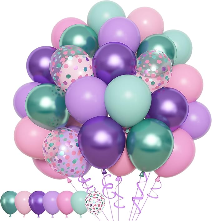 Amandir 153pcs Mermaid Balloon Garland Arch Kit, Different Sizes 18 12 10 5 inch Purple Pink Green Latex Metallic Confetti Balloons for Girl Ocean Themed Party Decorations