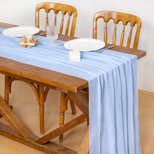 Socomi Blue Fall Thanksgiving Gauze Cheesecloth Table Runner 120 Inch Rustic Boho Cheese Cloth Runner for Wedding Party Baby Bridal Shower Centerpiece Decoration Holiday Home Decorations