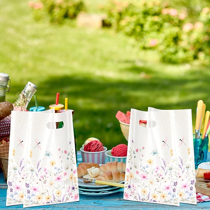 Infankey 50 PCS Wildflower Gift Bags Plastic Spring Floral Goodie Goody Treat Snack Candy Bags for Baby Shower Bridal Shower Birthday Wedding Party