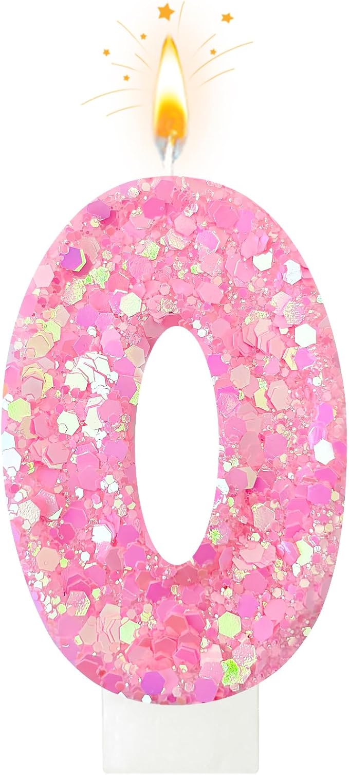 Zailo Birthday Number Candles, Glitter Number Candle Cake Decorations with Sequins, Cupcake Decorations for Girls, Women, Party Anniversary Celebrations (Number 0, Light Pink)