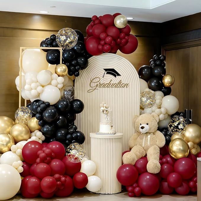 Burgundy Black White Gold Balloon Garland Arch Kit, 167Pcs Latex Maroon Balloons Different Sizes 18 12 10 5 inch for Birthday Graduation Wedding Anniversary Party Decoration
