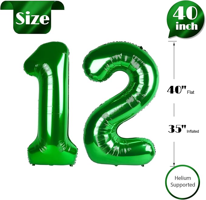 Dark Green Number 12 Balloon 40 Inch, 12th Birthday Party Decorations for Children, Giant 12 Foil Balloon for Party Supplies