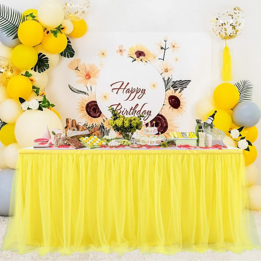 Suppromo 14ft Yellow Tulle Tutu Table Skirt for Birthday Party Girls Boys Baby Shower Wedding Cake Dessert Table Decorations