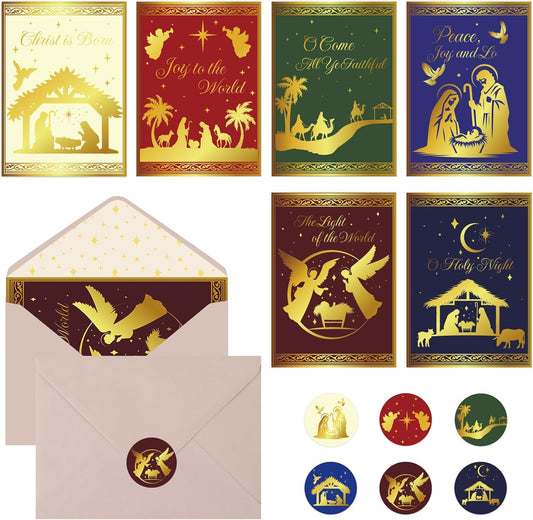 24 Pack Religious Christmas Cards with Envelopes & Stickers, 5x7in Gold Foil Embossed Christmas Greeting Cards Set 6 Designs with Printed Message Inside(Religious Style)