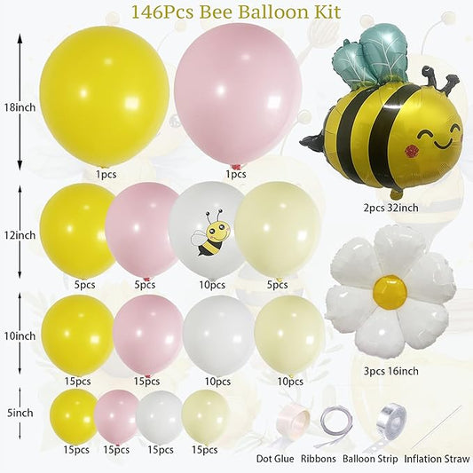 146PCS Bee Balloon Arch Garland Kit with Yellow Pastel Pink White Daisy Balloons for Girls Bee Birthday Decorations, Mothers Day Party, Bear Baby Shower, Flower or Groovy Theme Decor