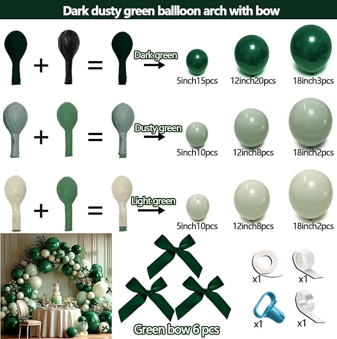 Emerald Green Balloon Arch Kit with Bow, Double Stuffed Dark Forest Hunter Green Dusty Pastel Light Green Balloon Garland for Birthday Bridal Baby Shower Graduation Jungle Safari Party Decoration
