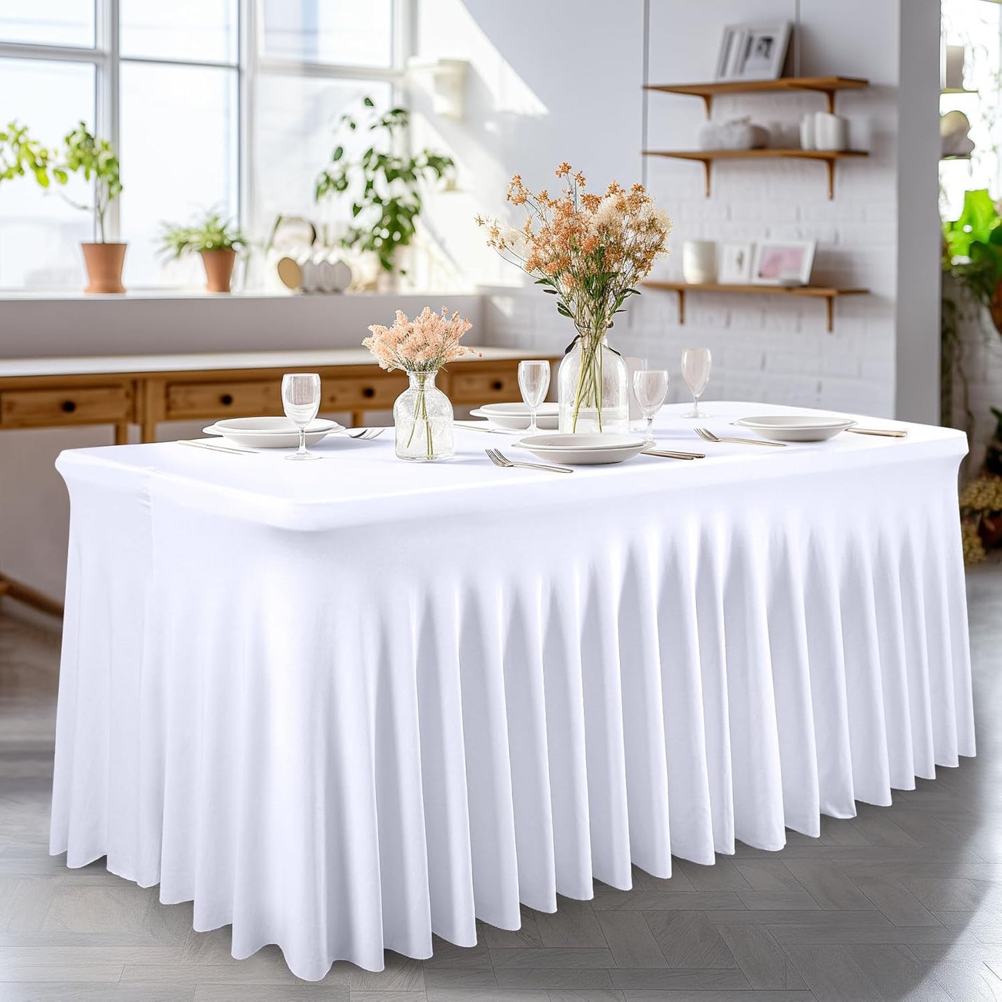 PARTISKY White Spandex Tablecloth for 6ft Rectangle Tables, Stretchable Table Cover Skirt for Folding Tables Weddings Parties Banquets Events Trade Shows and Dessert Table