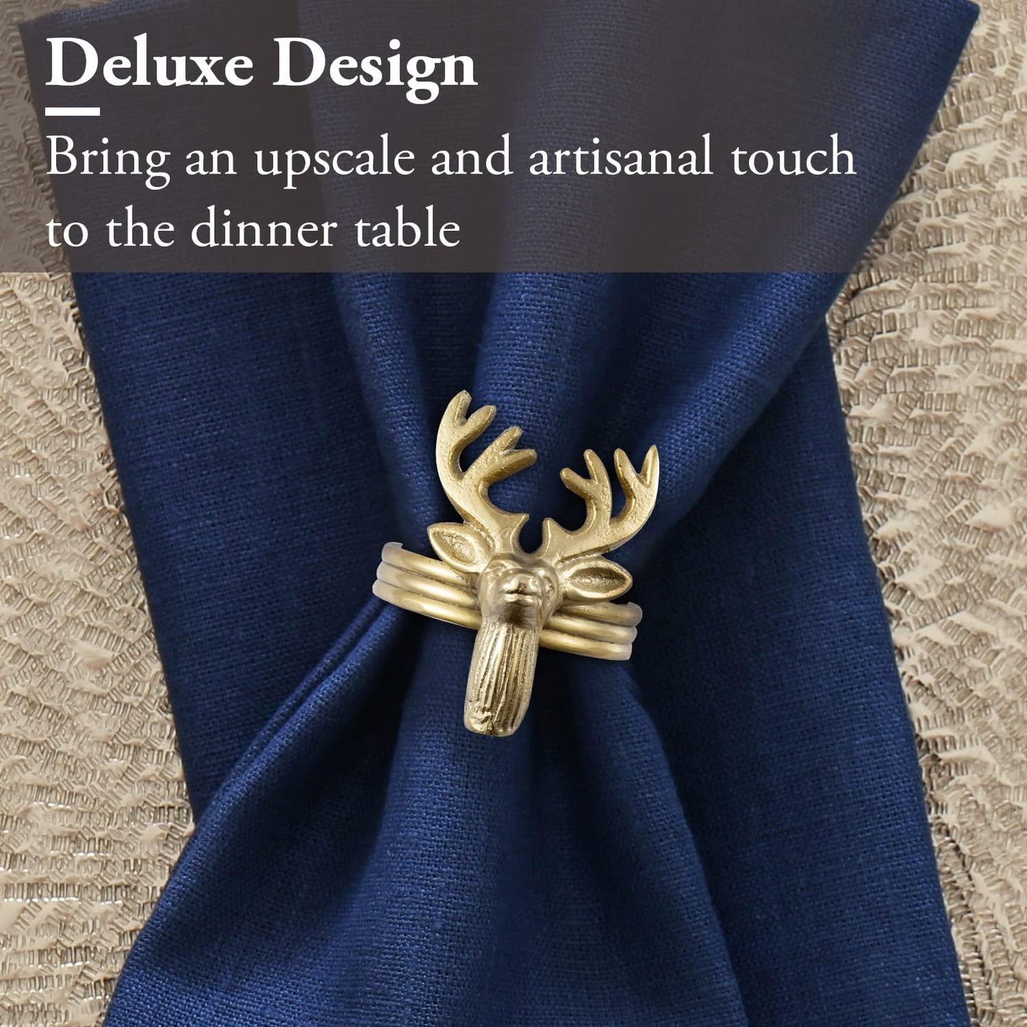 MyGift 4 Pc Deer Head Brass Napkin Rings, Decorative Brass-Tone Cast Aluminum Reindeer Ring for Dinner Napkins, Elk Shaped Cloth Serviette Holder - Handcrafted in India