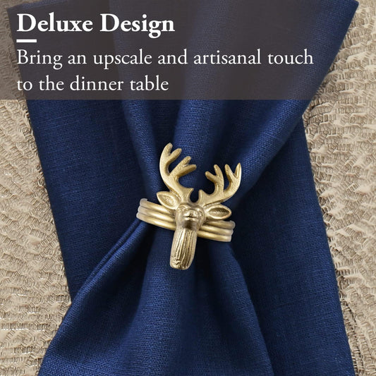 MyGift 4 Pc Deer Head Brass Napkin Rings, Decorative Brass-Tone Cast Aluminum Reindeer Ring for Dinner Napkins, Elk Shaped Cloth Serviette Holder - Handcrafted in India