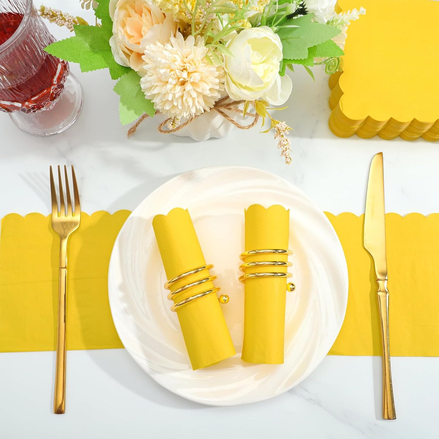 120 Pcs Yellow Cocktail Napkins Scalloped Picnic Napkins Disposable Lemon Dessert Beverage Napkins Spring Napkin for Birthday,Wedding