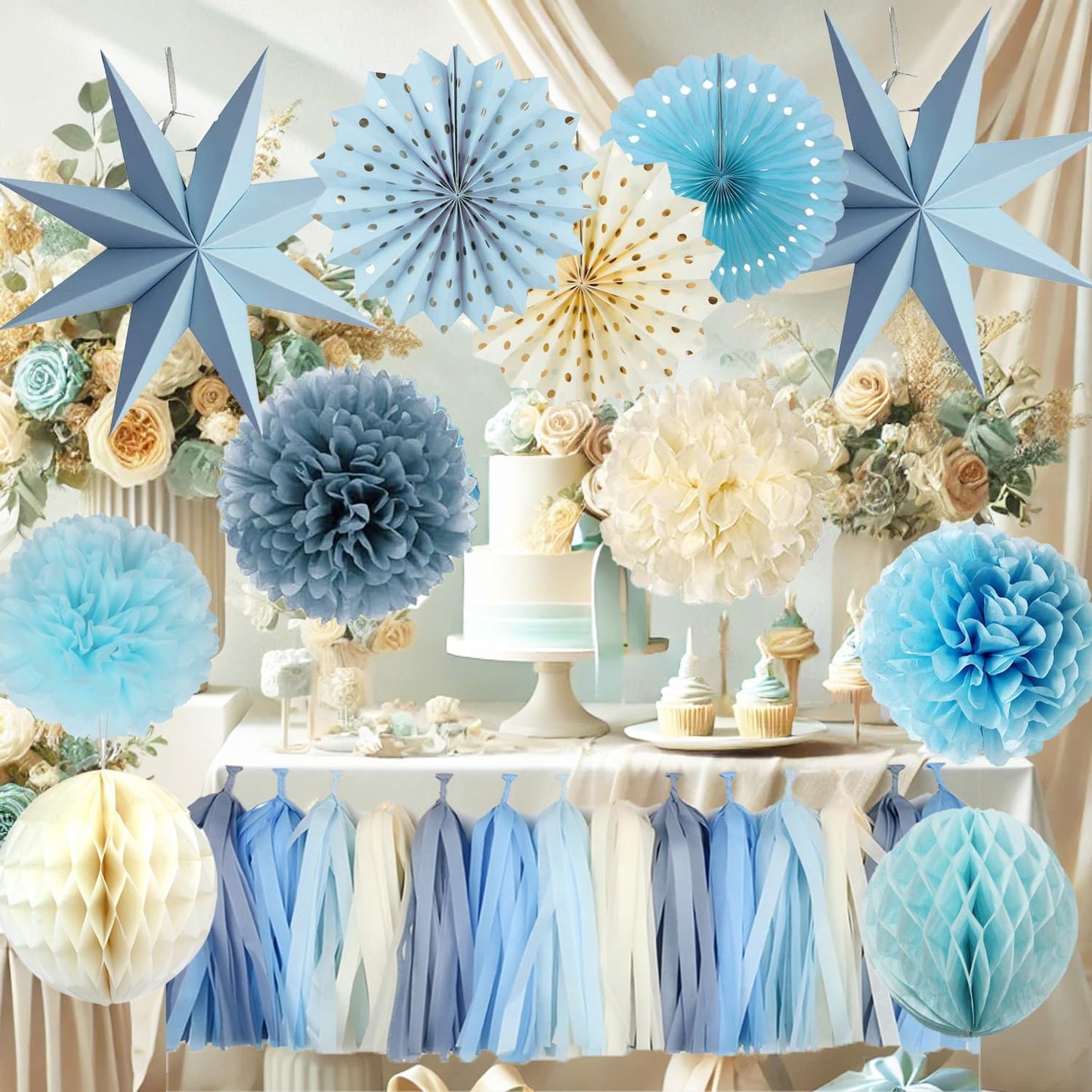 Blue Party Decorations,15PCS Dusty Blue Beige Birthday Decorations for Women Men Girl Boy,Hanging Backdrop Decor for Engagement,Boho Wedding,Baby Shower,Bridal Shower,Garden Party