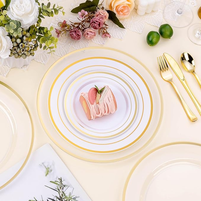 BESTSTAR 12 Inch Disposable Decor Charger Plates, 25 Pack Plastic Clear Plates with Gold Rim, Perfect Table Decor for Party, Wedding, Dinner