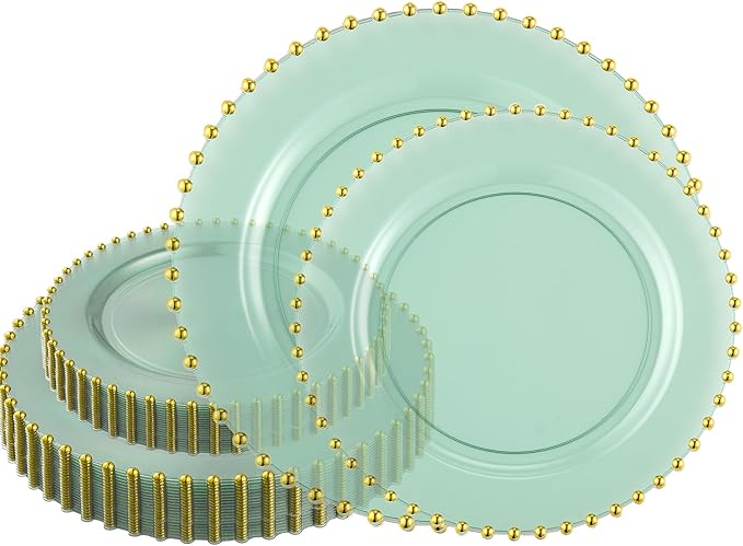 PLASTICPRO 64 Piece Combo Plastic Dinner Plates Disposable Plastic Fancy Heavy Duty Party Dishes 7 inch and 10 inch, Translucent Green and Gold Beaded