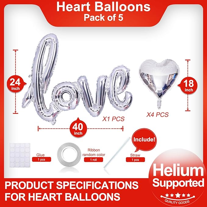 5 Pcs Silver Heart Shaped Balloons Silver Love Valentine Balloons for Valentines Day Bridal Shower Wedding Party Decorations