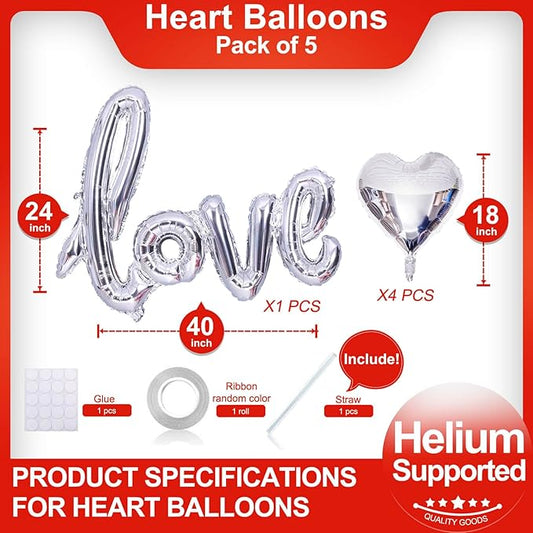 5 Pcs Silver Heart Shaped Balloons Silver Love Valentine Balloons for Valentines Day Bridal Shower Wedding Party Decorations