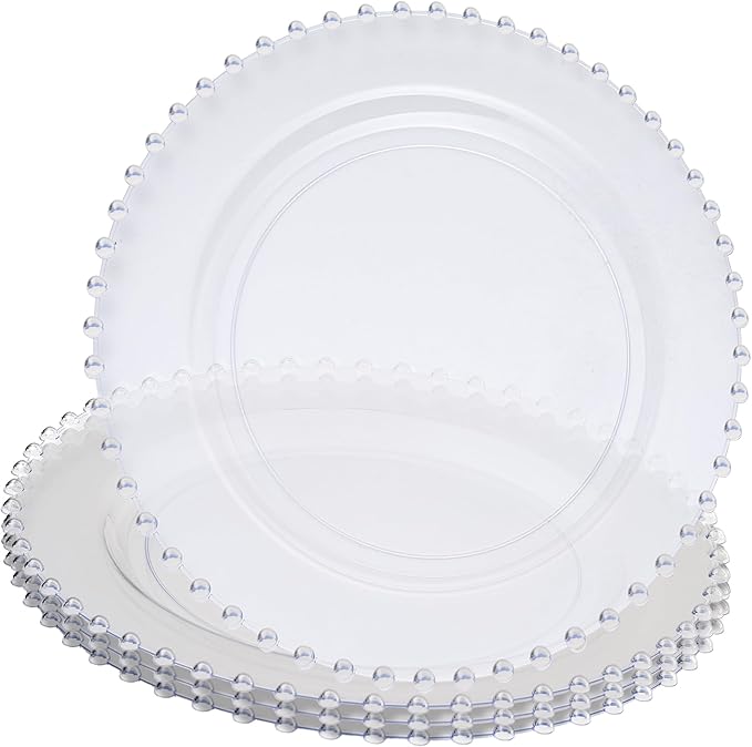 PLASTICPRO Clear Plastic Charger Plates with Beaded Edge – Pack of 4 – 13" Elegant Round Disposable Chargers for Weddings, Events, Parties, and Dinners