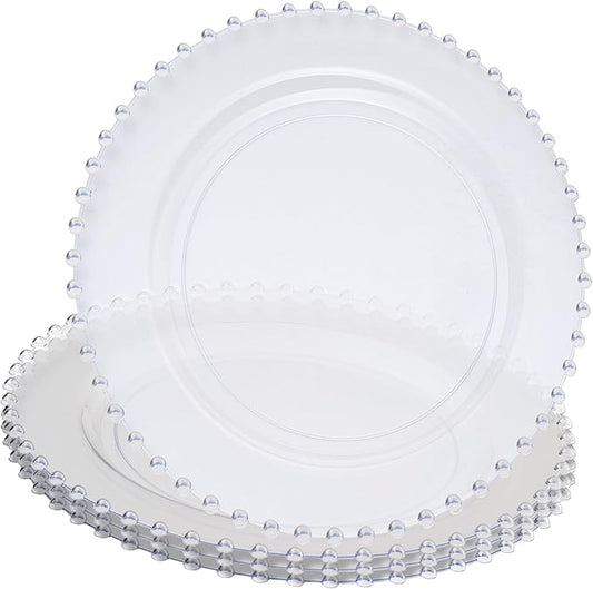 PLASTICPRO Clear Plastic Charger Plates with Beaded Edge – Pack of 8 – 13" Elegant Round Disposable Chargers for Weddings, Events, Parties, and Dinners
