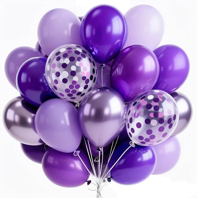 PartyWoo Purple Balloons 65pcs 12 Inch Light Pastel Dark Metallic Purple Lilac Lavender Confetti Balloons for Graduation Baby Shower Birthday Wedding Anniversary Butterfly Princess Party Decorations